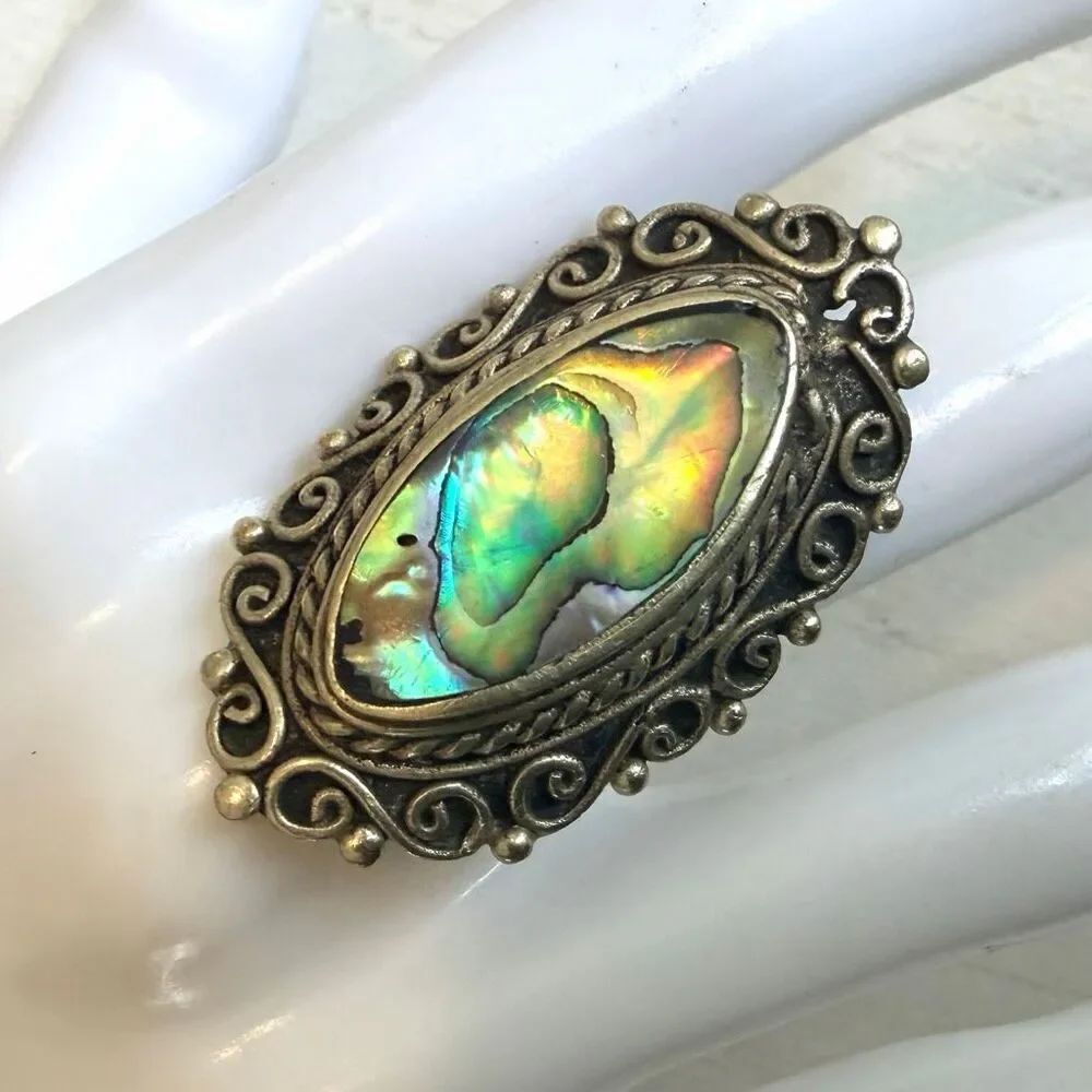 Vintage Abalone Shell Statement Ring Boho Scrollwork Adjustable Ring
